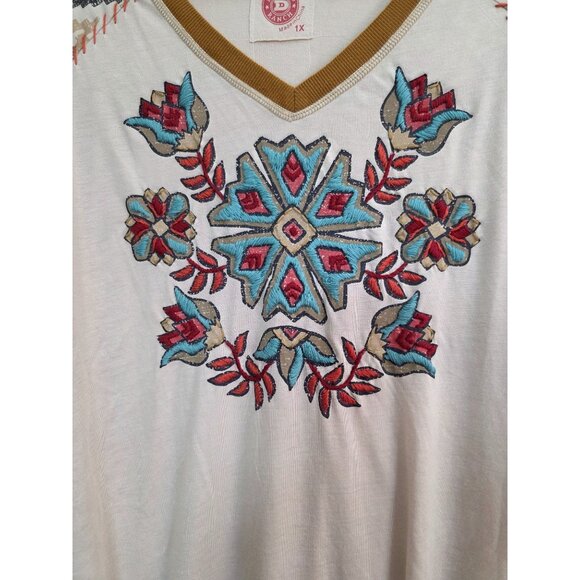 Double D Ranch Embroidered Longsleeve Brown Ribbed Trim Blouse Top Shirt Plus 1X - Picture 2 of 7